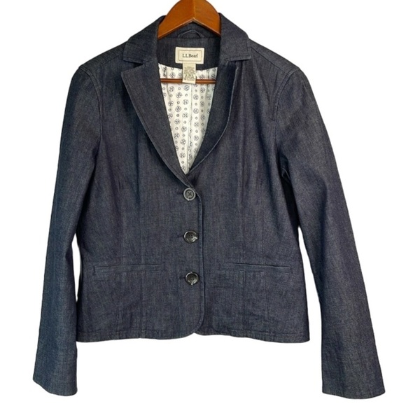 L.L. BEAN 3 Button Single Breasted Denim Blazer Blue Dark Wash Lined 6 Regular - Picture 2 of 12